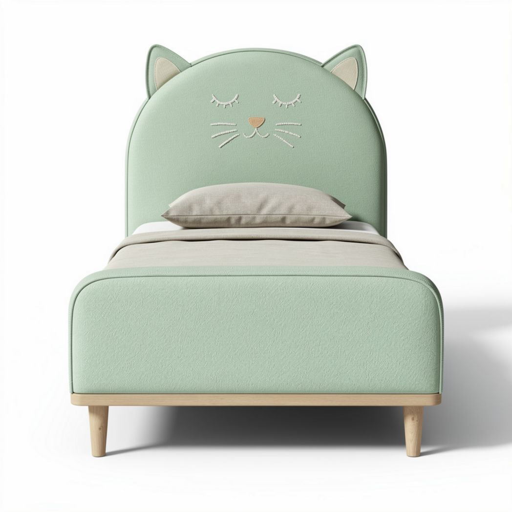 Letto per bambini a forma di gatto in tessuto verde 150 x 75 x 100cm
