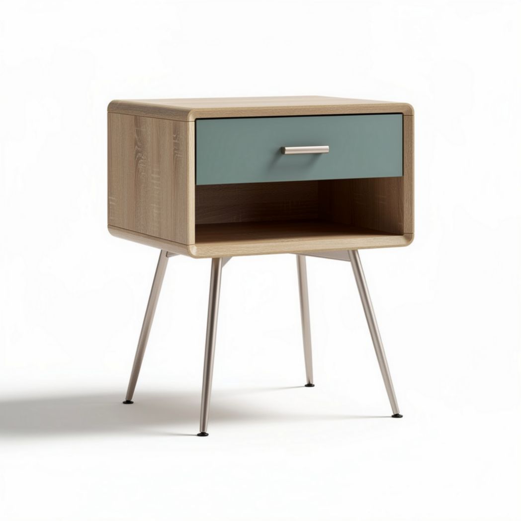 Comodino in legno con cassetto verde e gambe metalliche 50 x 40 x 60cm