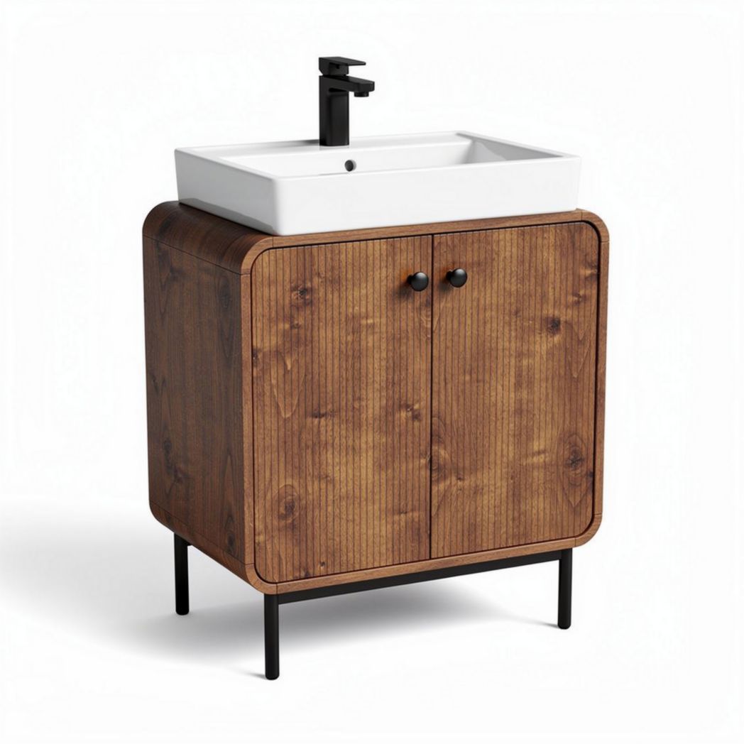 Mobiletto da bagno in legno marrone con lavabo bianco e dimensioni 70 x 50 x 90cm