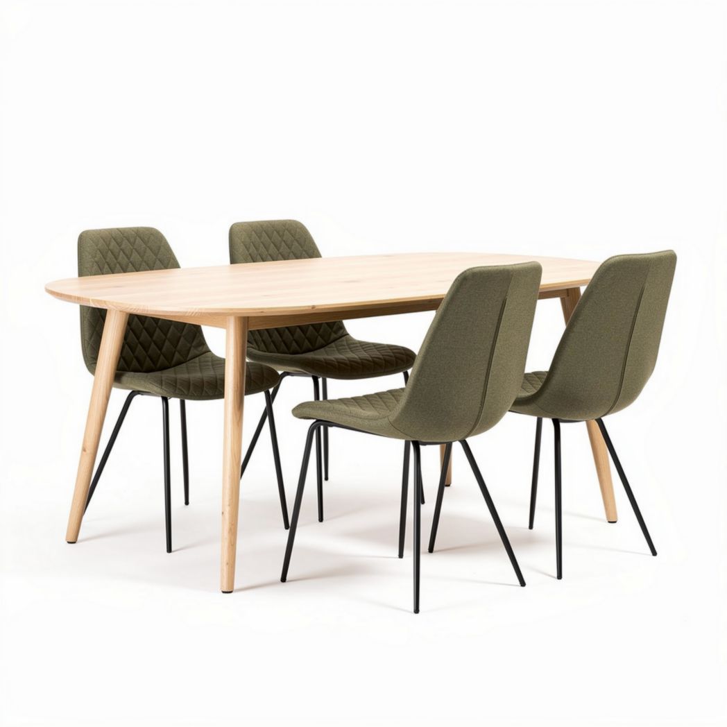 Tavolo da pranzo ovale in legno con quattro sedie verdi 150 x 90 x 75cm