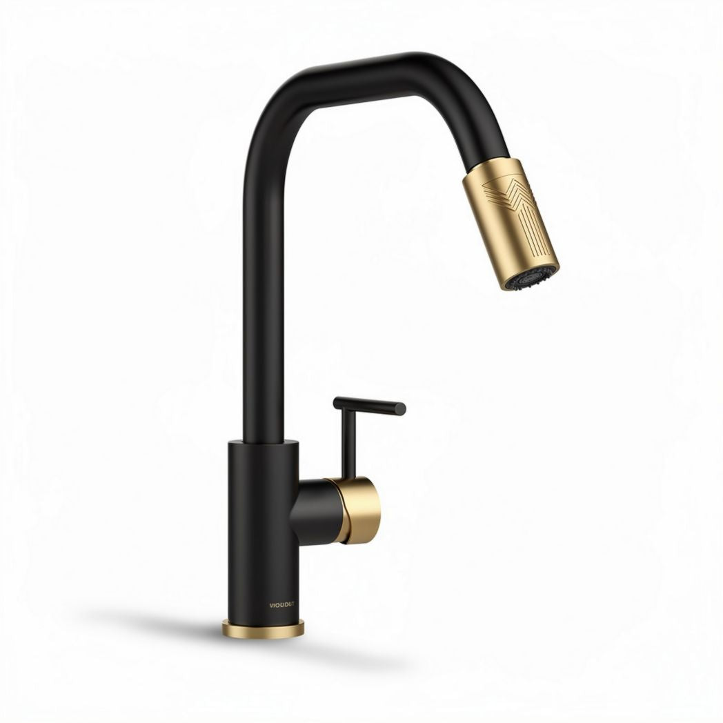 Rubinetto da cucina con finitura nera e dettagli in oro altezza 40cm